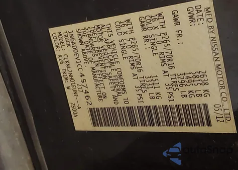 2012 Nissan Frontier Sv from USA, damaged, VIN 1N6AD0EV1CC457462